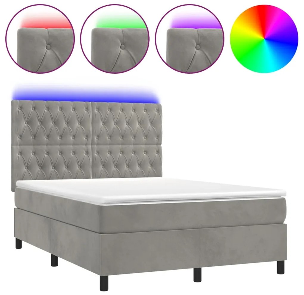 vidaXL Κρεβάτι Boxspring με Στρώμα &amp; LED Αν.Γκρι 140x200 εκ. Βελούδινο