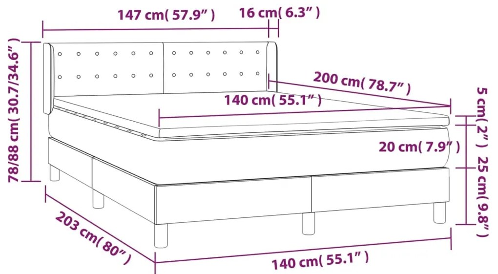 Κρεβάτι Boxspring με Στρώμα Σκούρο Γκρι 140x200 εκ. Βελούδινο - Γκρι