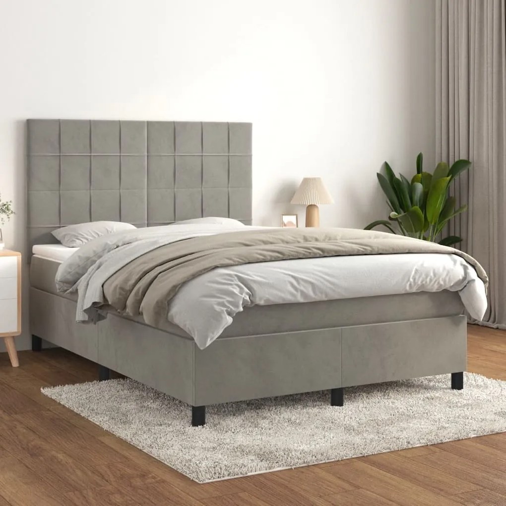 Κρεβάτι Boxspring με Στρώμα Ανοιχτό Γκρι 140x200 εκ. Βελούδινο