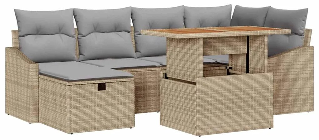 vidaXL Σετ Καναπέ Κήπου με μαξιλάρι 7 pcs Μπεζ Πολυ ράταν