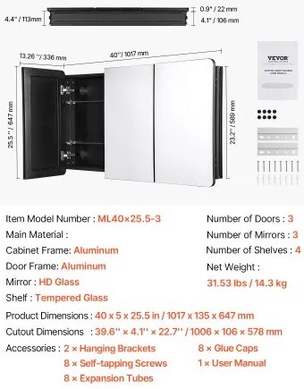 VEVOR Medicine Cabinet 25.5&quot; x 40&quot; Mirror Medicine Cabinet Adjustable Shelves