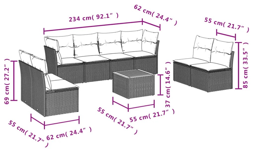 vidaXL Σαλόνι Κήπου Σετ 9 Τεμαχίων Γκρι Συνθετικό Ρατάν με Μαξιλάρια