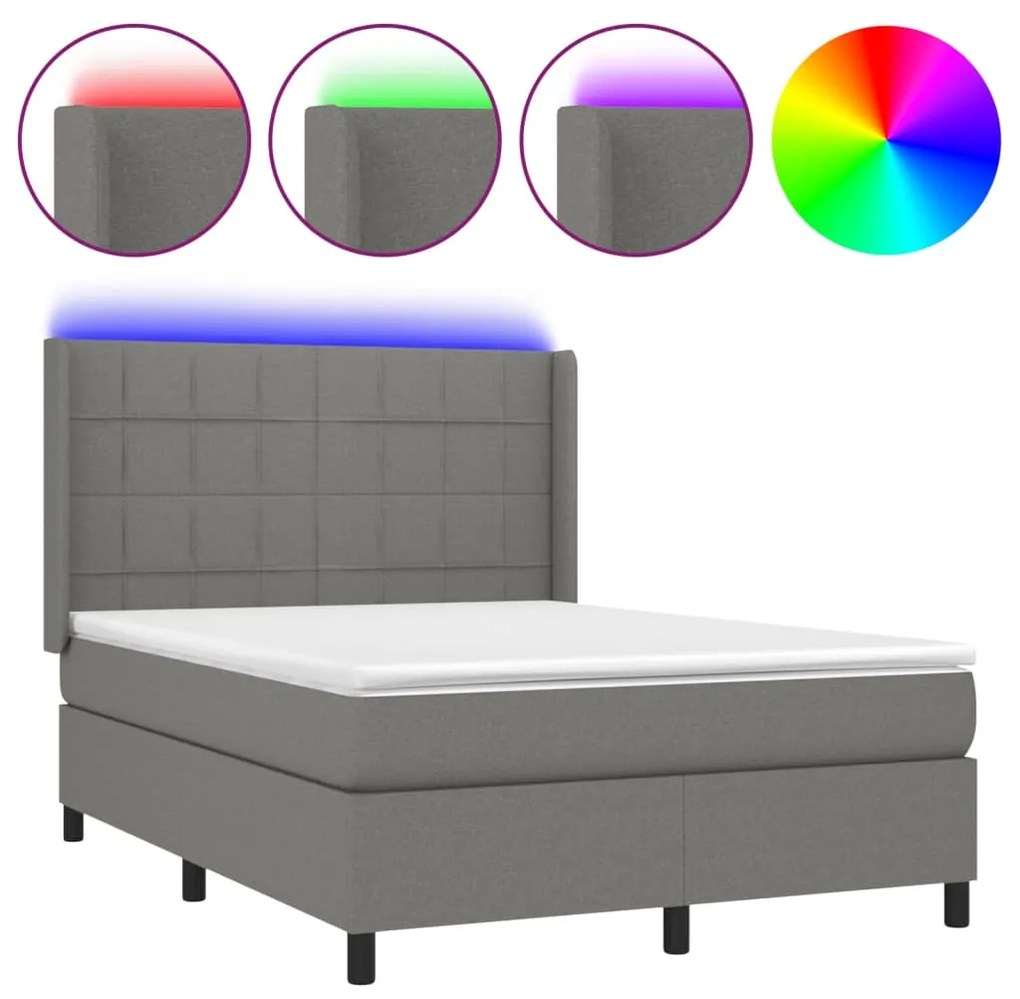 vidaXL Κρεβάτι Boxspring με Στρώμα & LED Σκ.Γκρι 140x200 εκ Υφασμάτινο