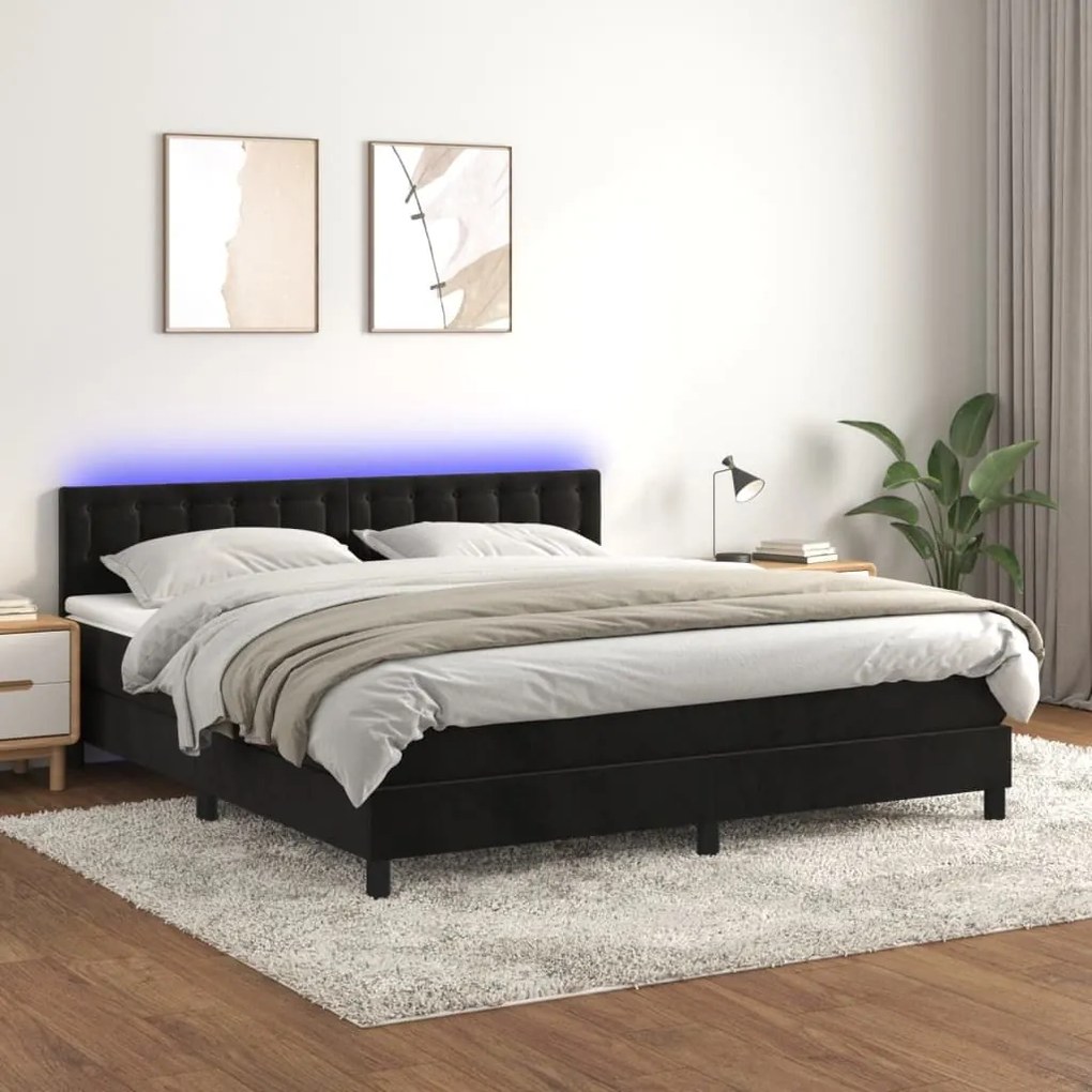 Κρεβάτι Boxspring με Στρώμα &amp; LED Μαύρο 180x200 εκ. Βελούδινο - Μαύρο