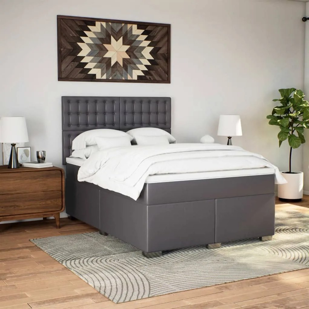 vidaXL Κρεβάτι Boxspring με Στρώμα Γκρι 140x190εκ. από Συνθετικό Δέρμα