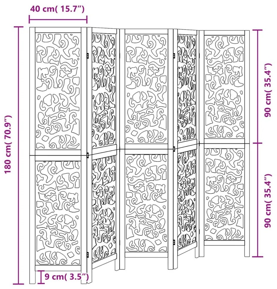 Διαχωριστικό Χώρου με 5 Πάνελ Μαύρο από Μασίφ Ξύλο Παυλώνιας - Μαύρο