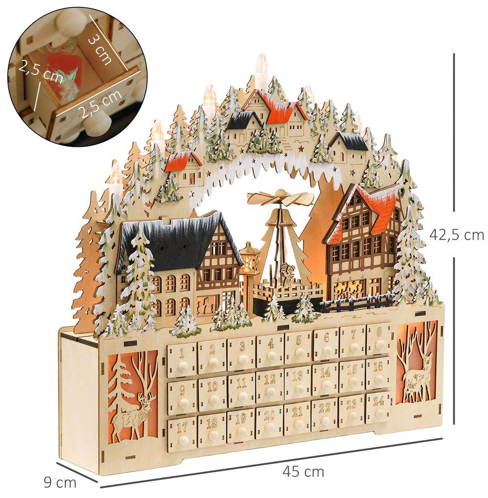 HOMCOM Ημερολόγιο Advent, Χριστουγεννιάτικο Χωριό, 18 LED, 24 συρτάρια, επαναχρησιμοποιήσιμο, 45 x 9 x 42,5 cm