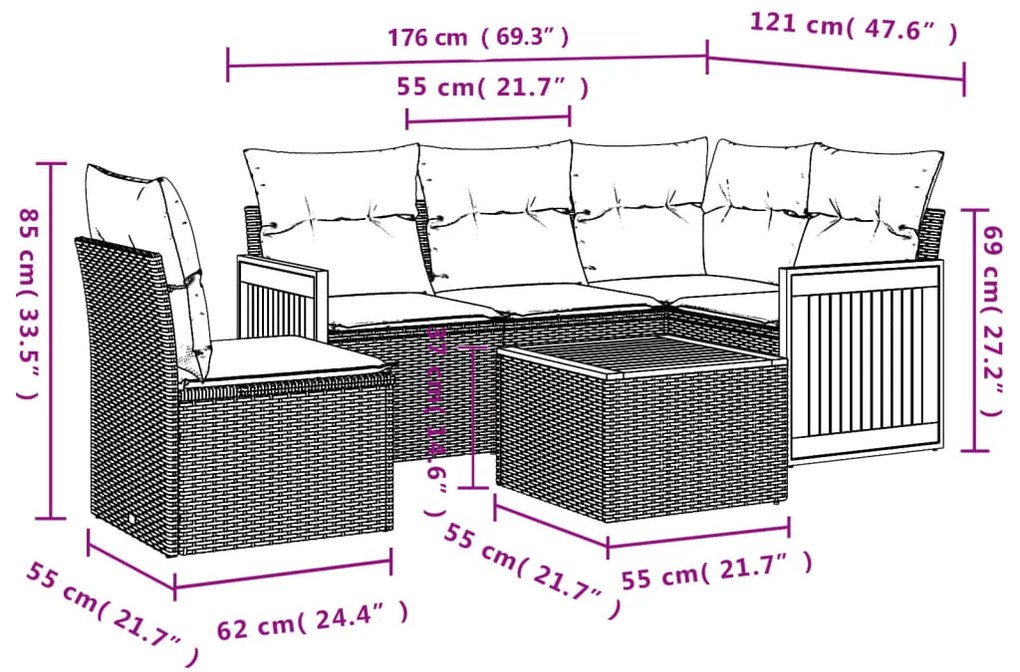 vidaXL Καναπές Κήπου 6 Τεμαχίων Μαύρο από Συνθετικό Ρατάν με Μαξιλάρια