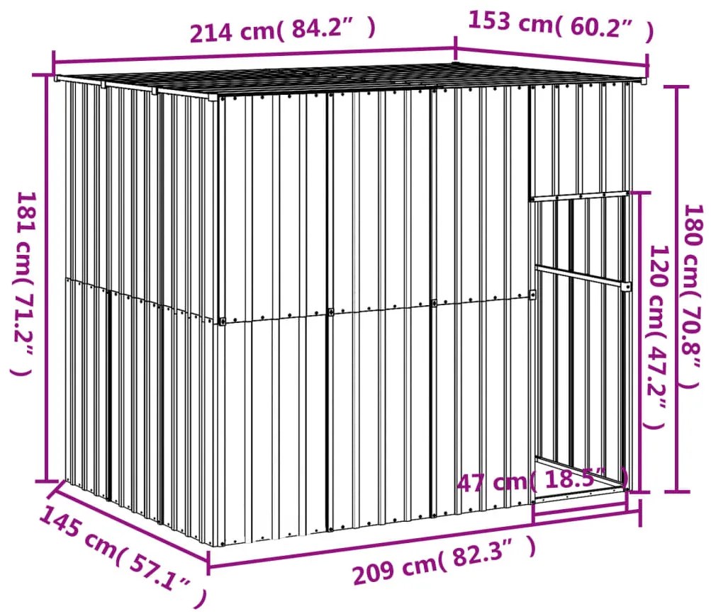 vidaXL Σπιτάκι Σκύλου με Οροφή Αν. Γκρι 214x153x181 εκ Γαλβαν. Χάλυβας