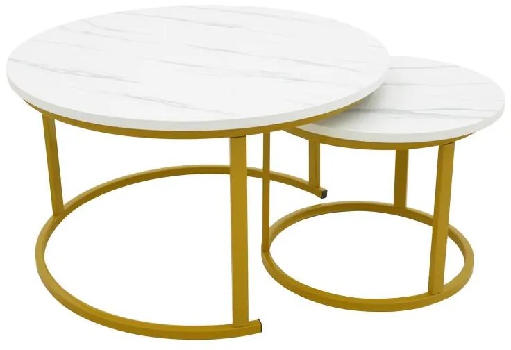 Τραπεζάκι Σαλονιού Revelon σετ 2 τεμ MDF σε όψη Λευκού Μαρμάρου - Χρυσό 80x80x45εκ. 80x80x45 εκ.