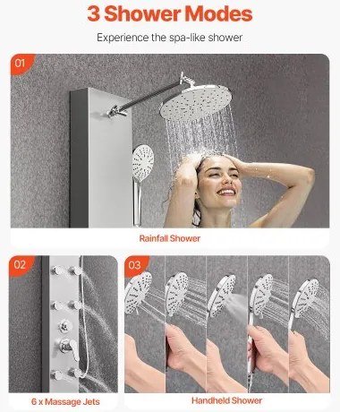 VEVOR Shower Panel Tower System Stainless Steel Column Rainfall Head Massage Jet