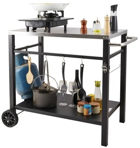 VEVOR Outdoor Grill Dining Cart with Double-Shelf, BBQ Movable Food Prep Table, Multifunctional Stainless Steel Table Top, Portable Modular Carts for Pizza Oven, Worktable with 2 Wheels, Carry Handle