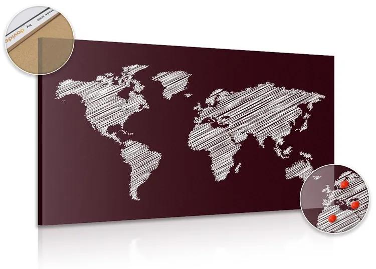 Εικόνα στον παγκόσμιο χάρτη που εκκολάπτεται από φελλό σε μπορντό φόντο - 120x80  wooden
