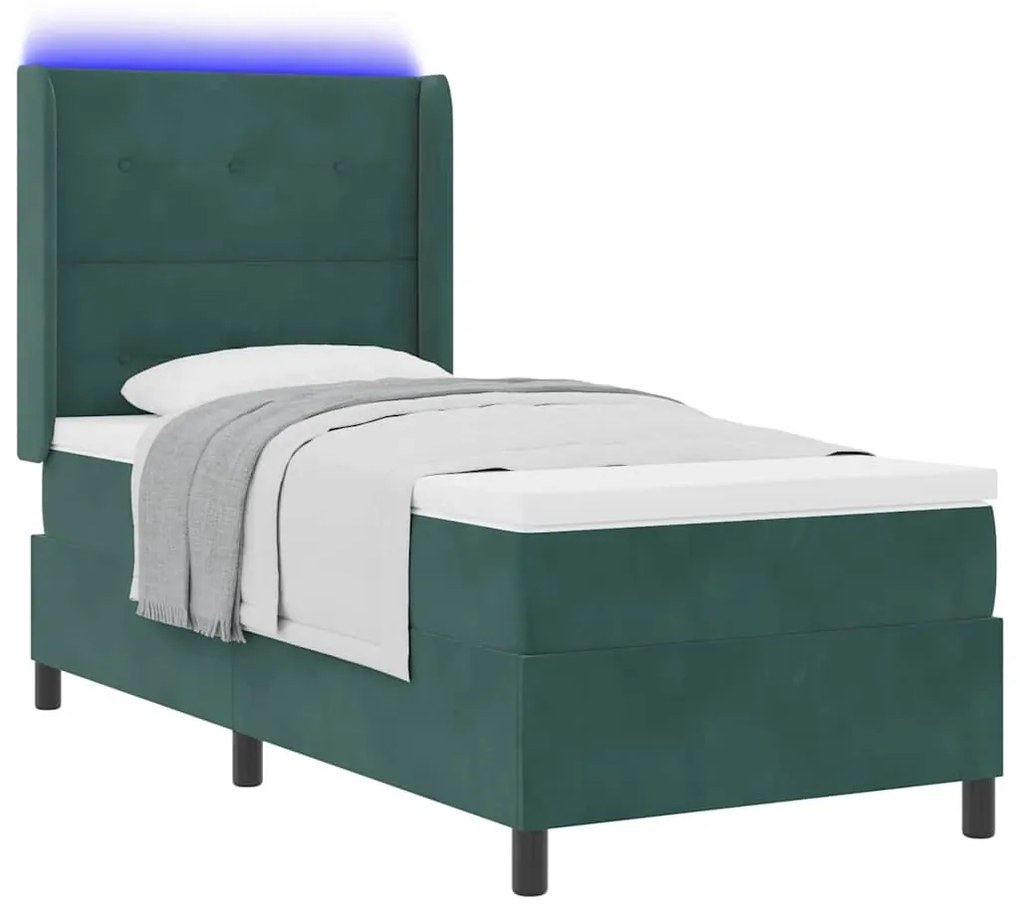 vidaXL Κρεβάτι Box Spring LED με Στρώμα Πράσινο 100 x 200 cm Βελούδο