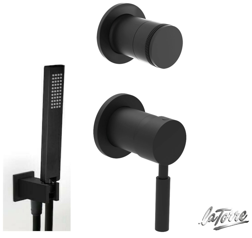 La Torre NEW TECH Black matt 12051SP-400 34374-400 Μίκτης εντοιχισμού+εκτροπέας περιστροφικός 2 εξόδων+Παροχή νερού Τετράγωνη