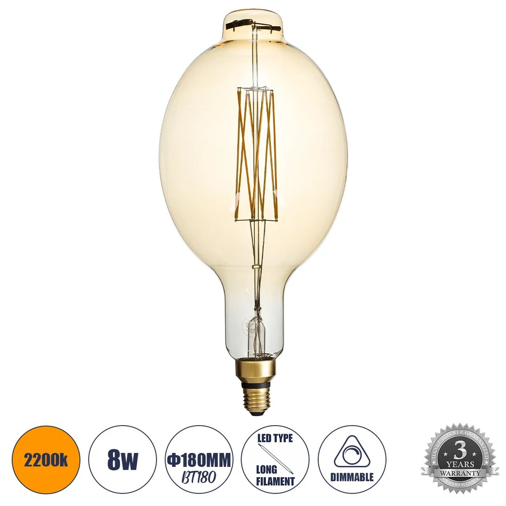 GloboStar® 99166 Λάμπα LED Long Filament E27 BT180 MANGOS Γλόμπος 8W 720lm 360° AC 220-240V IP20 Φ18 x Υ39cm Ultra Θερμό Λευκό 2200K με Μελί Γυαλί - Dimmable - 3 Χρόνια Εγγύηση