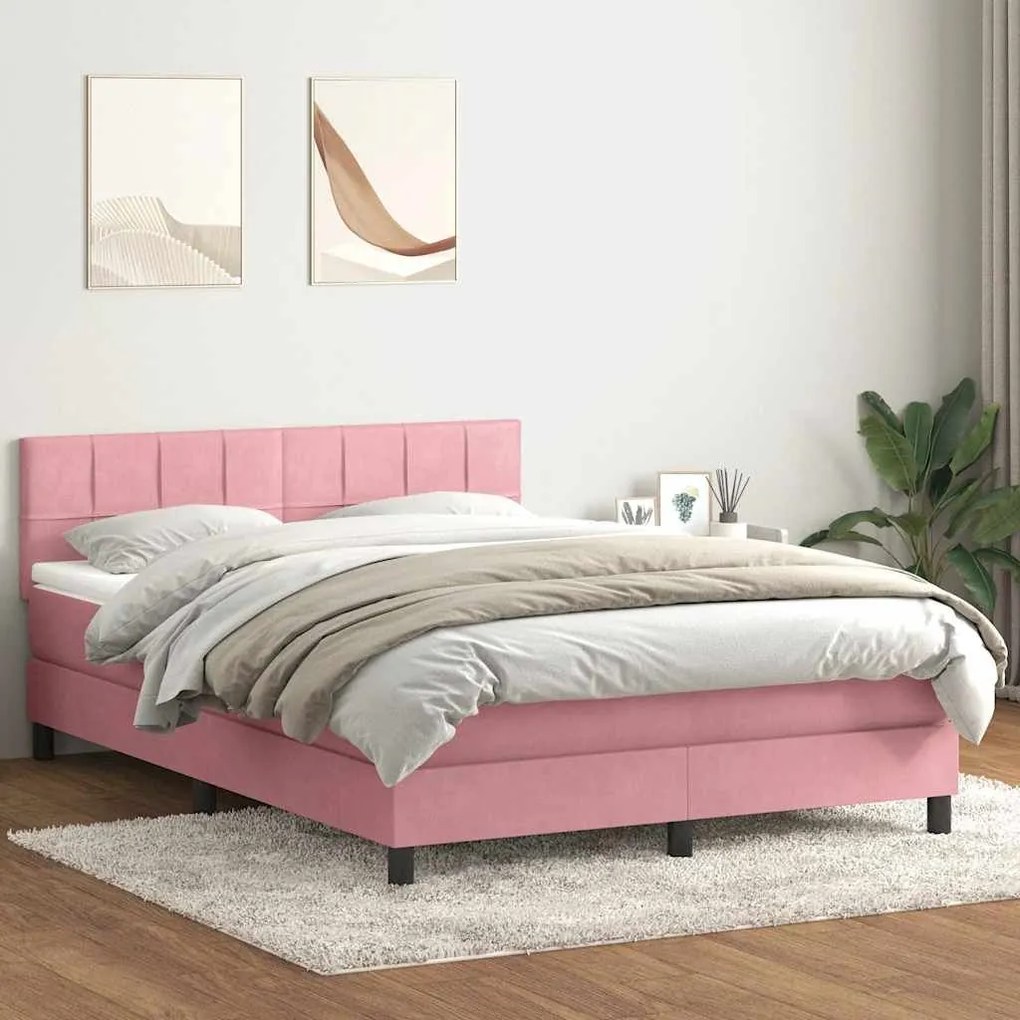 Κρεβάτι Boxspring με Στρώμα Ροζ 140x210 εκ. Βελούδινο - Ροζ