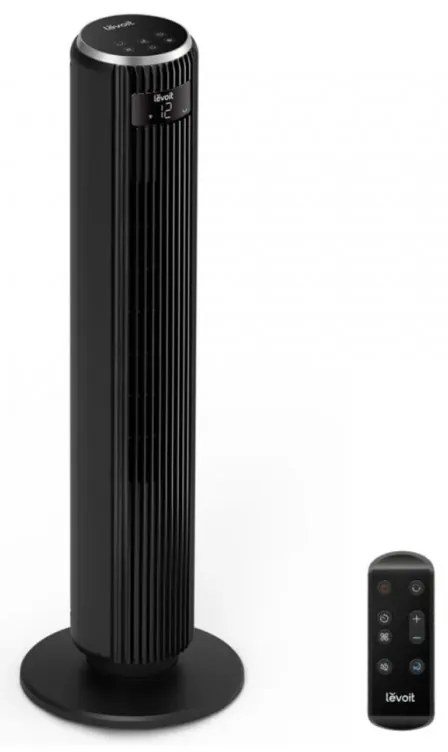 Ανεμιστήρας πύργου Levoit TempSense 36 DC, 26W, 92 cm, Για έως 49 m2, 12 ταχύτητες, 4 λειτουργίες, Χρονοδιακόπτης, Ταλάντωση 90C, Τηλεχειριστήριο, Μαύρο