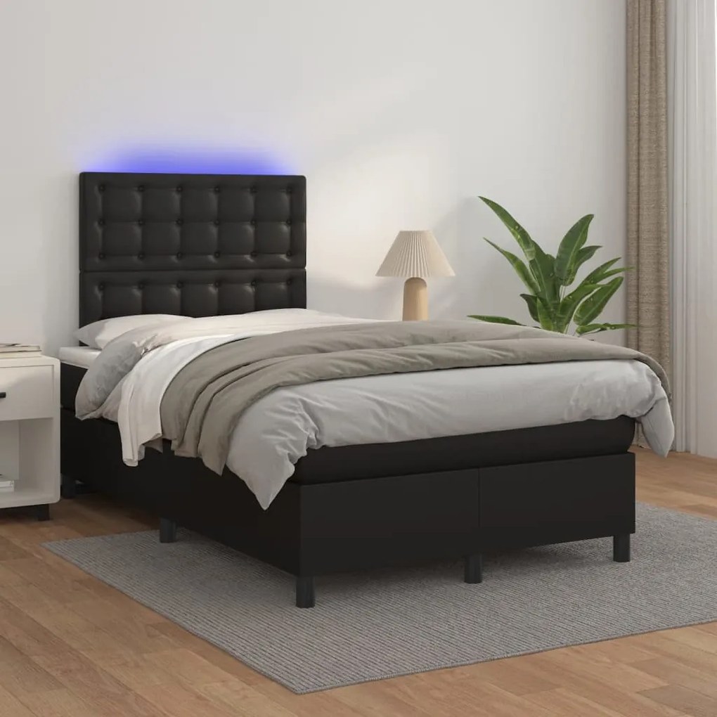 vidaXL Κρεβάτι Boxspring με Στρώμα & LED Μαύρο 120x200 εκ. Συνθ. Δέρμα