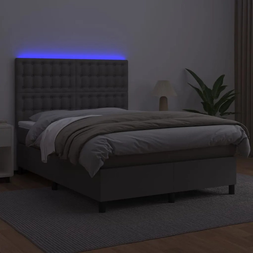 vidaXL Κρεβάτι Boxspring με Στρώμα &amp; LED Γκρι 140x200 εκ. Συνθ. Δέρμα