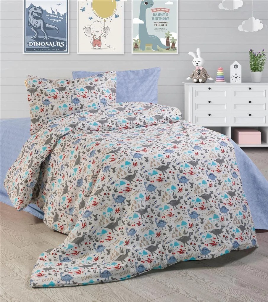 Παπλωματοθήκη Παιδική Polycotton Μονή 160x240εκ. Dino 309 White-Blue DimCol