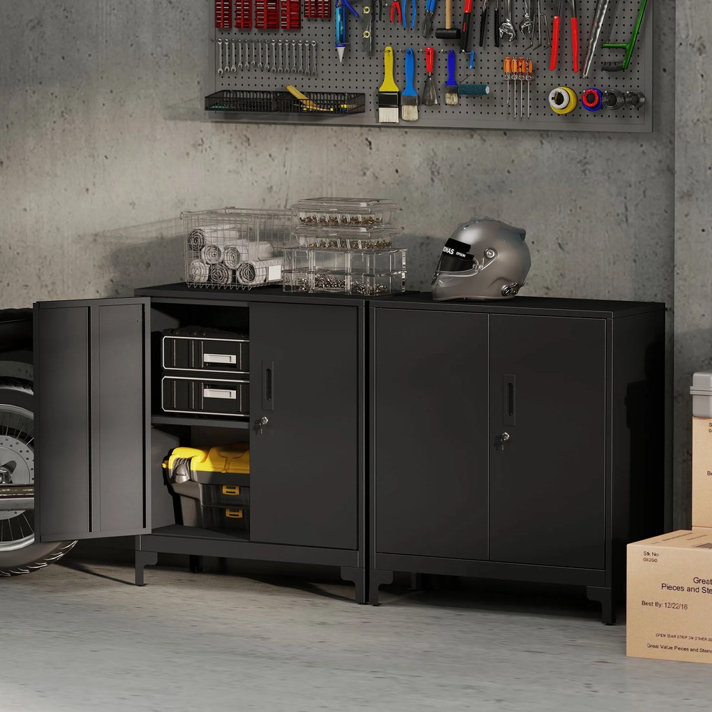 HOMCOM Μεταλλικό Γραφείο, Κλειδώματος Πόρτες, Γραφείο Συρταριέρας, Σχεδιασμός 2 Επιπέδων, Μαύρο