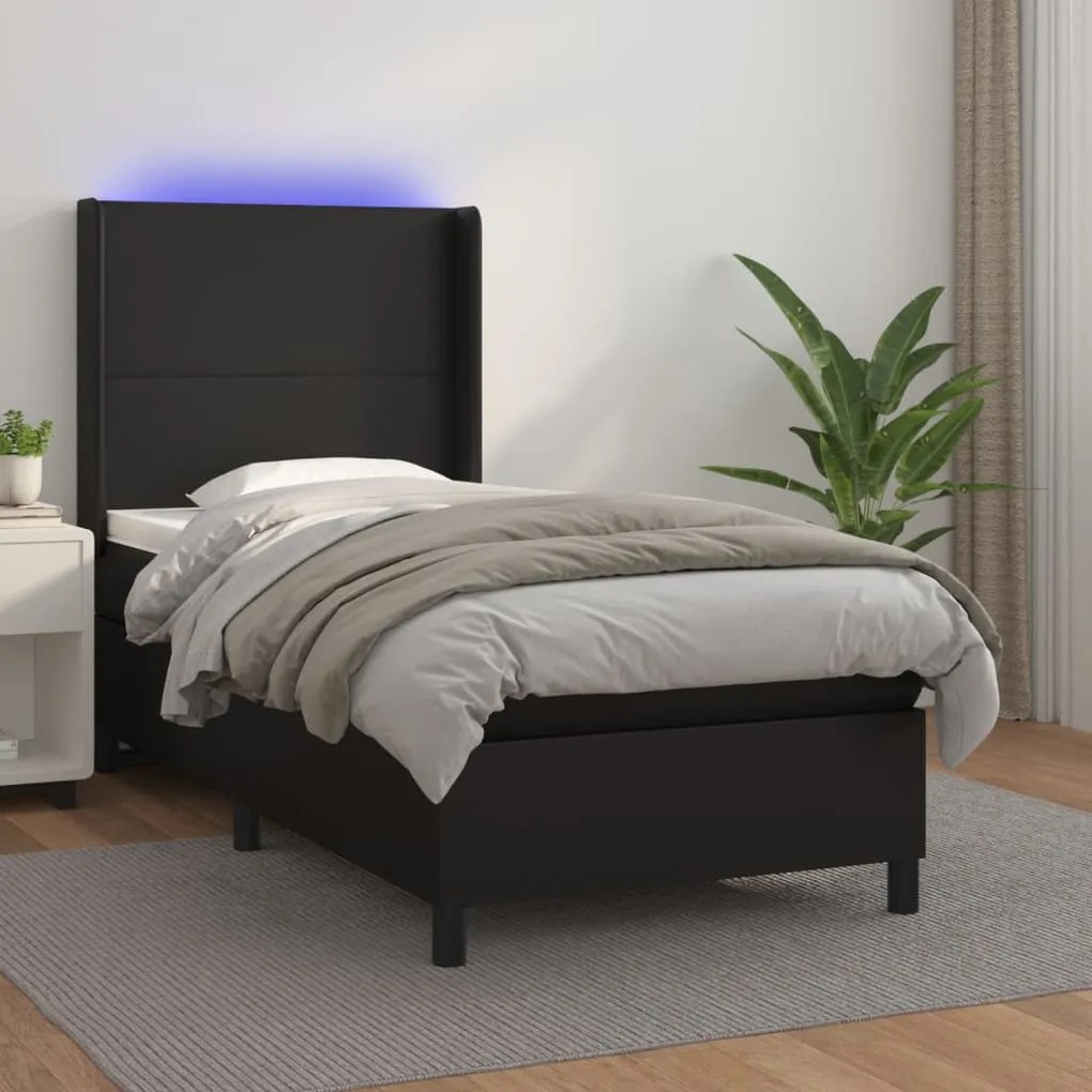 vidaXL Κρεβάτι Boxspring με Στρώμα &amp; LED Μαύρο 90x190 εκ. Συνθ. Δέρμα