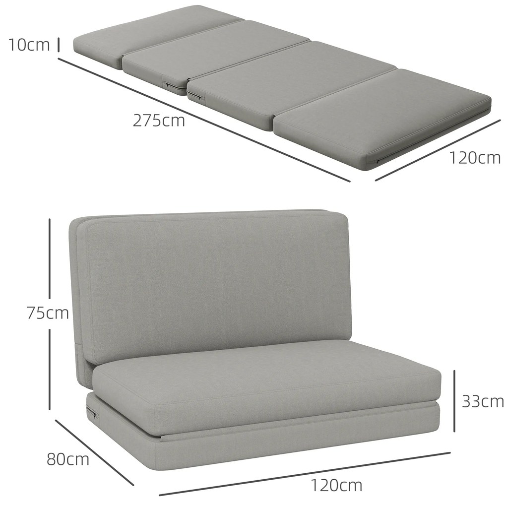 HOMCOM Πολυθρόνα 2-σε-1 Αναδιπλούμενη, Στρώμα Επισκέπτη, Διαχωρίσιμη, Πλάτους 120 cm, Ανοιχτό Γκρι