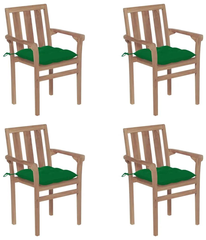 Καρέκλες Κήπου Στοιβαζόμενες 4 τεμ. Μασίφ Ξύλο Teak &amp; Μαξιλάρια