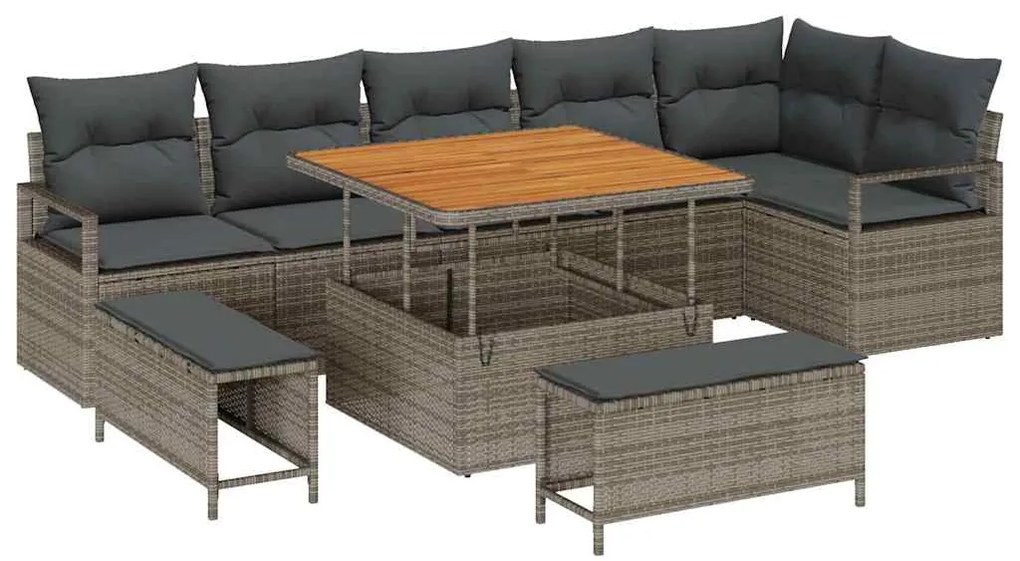 vidaXL Σετ Καναπέ Κήπου με μαξιλάρι 9 pcs Γκρι Πολυ ράταν