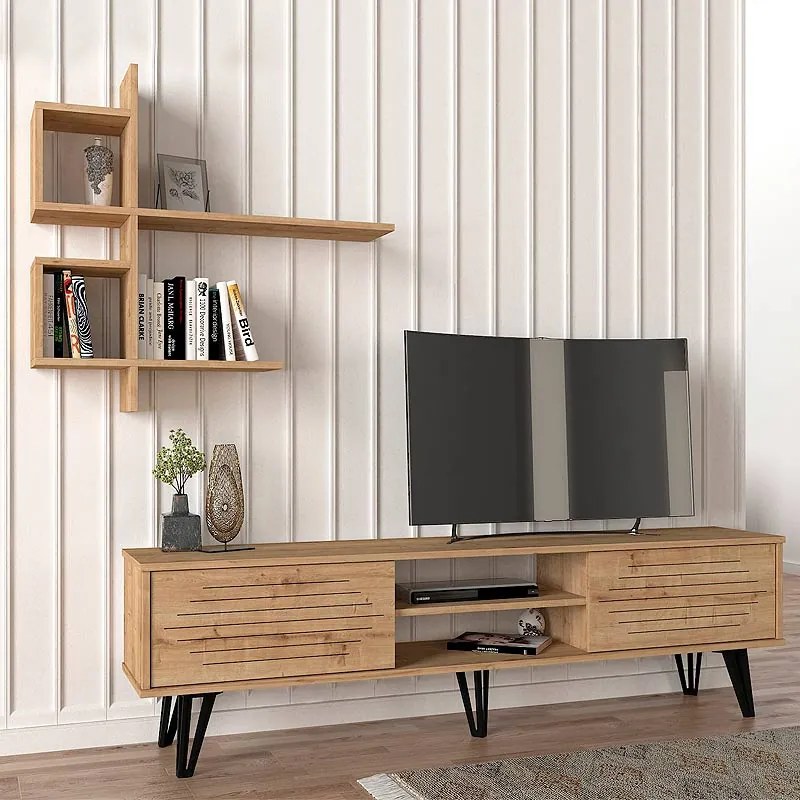 Σύνθεση τηλεόρασης Salerno Megapap από μελαμίνη χρώμα sapphire oak 180x35x51εκ.-GP042-0015,1
