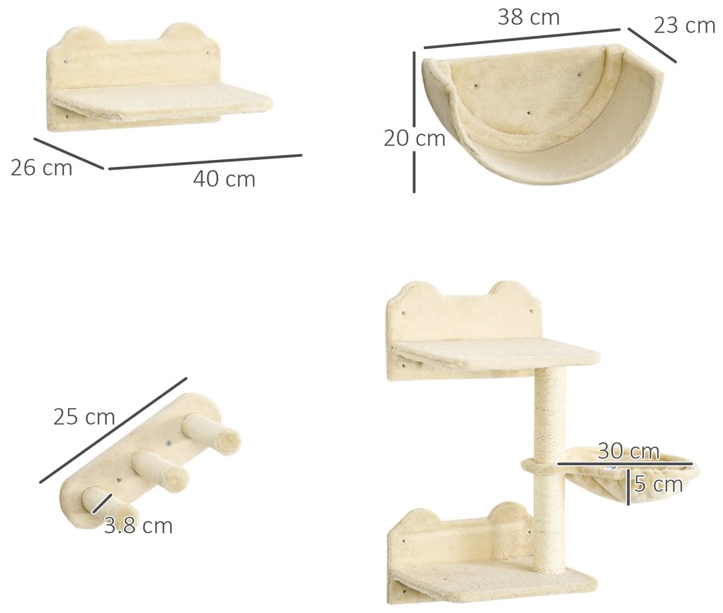 Σετ επιτοίχιων αξεσουάρ για γάτες PawHut, 4 τεμαχίων, με σκάλα για γάτες, αιώρα, πλατφόρμα και στύλο ξυσίματος, Μπεζ
