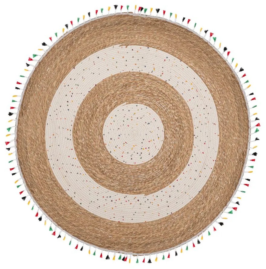 Χαλί Jute-Βαμβακερό Boho Στρογγυλό 100εκ. Καφέ-Natural Με Πολύχρωμα Κρόσσια iliadis 90166