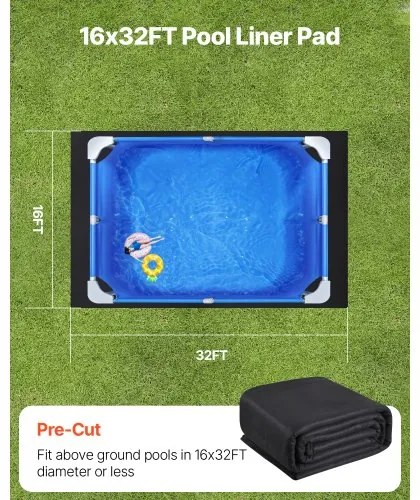 VEVOR Rectangle Pool Liner Pad, 16 x 32 ft Pool Liner Pad for Above Ground Swimming Pools, Extra-Thick Pool Mat, Prevents Punctures, Recycled Geotextile Material Underlayment Pad, Extend Liner Life