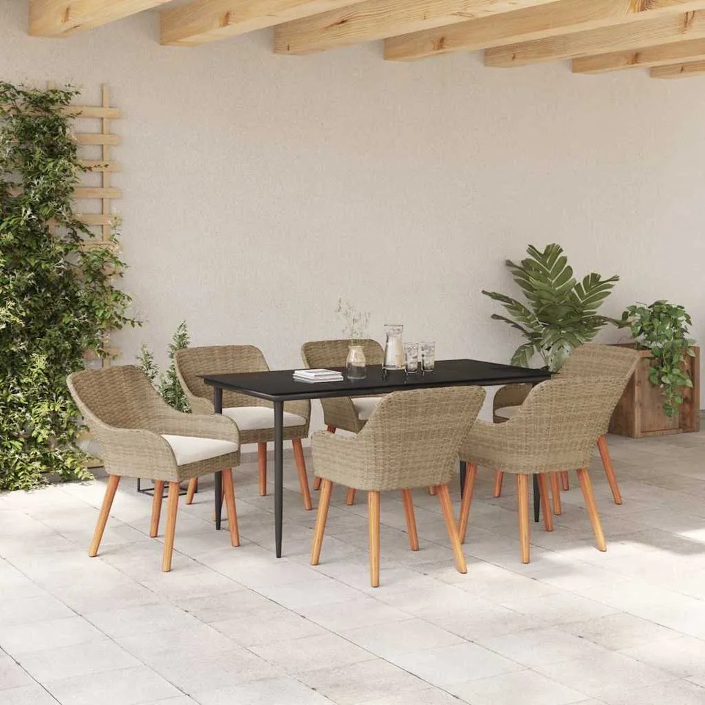 vidaXL Σέτ φαγητού για κήπο με μαξιλάρι 7 pcs Μπεζ συνθετικό ρατάν