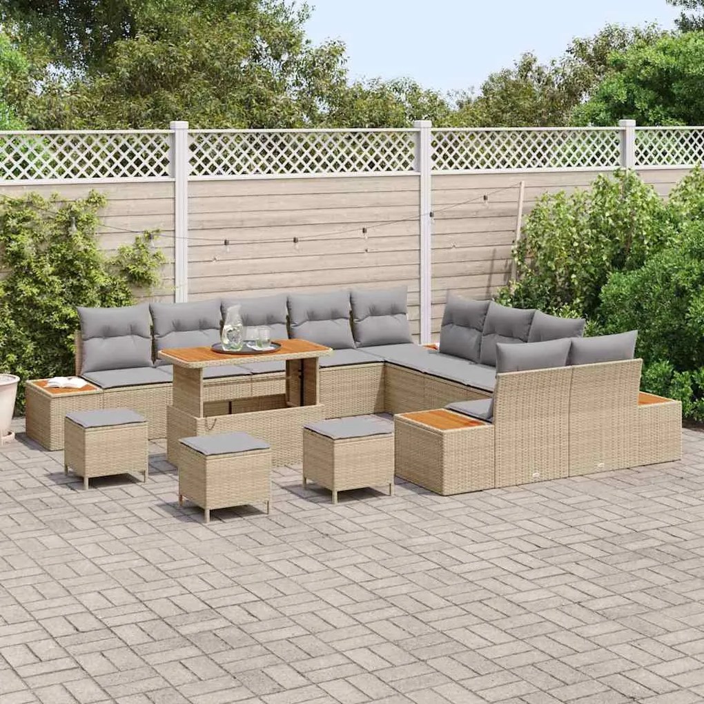 vidaXL Σετ Καναπέ Κήπου με μαξιλάρι 14 pcs Μπεζ Πολυ ράταν