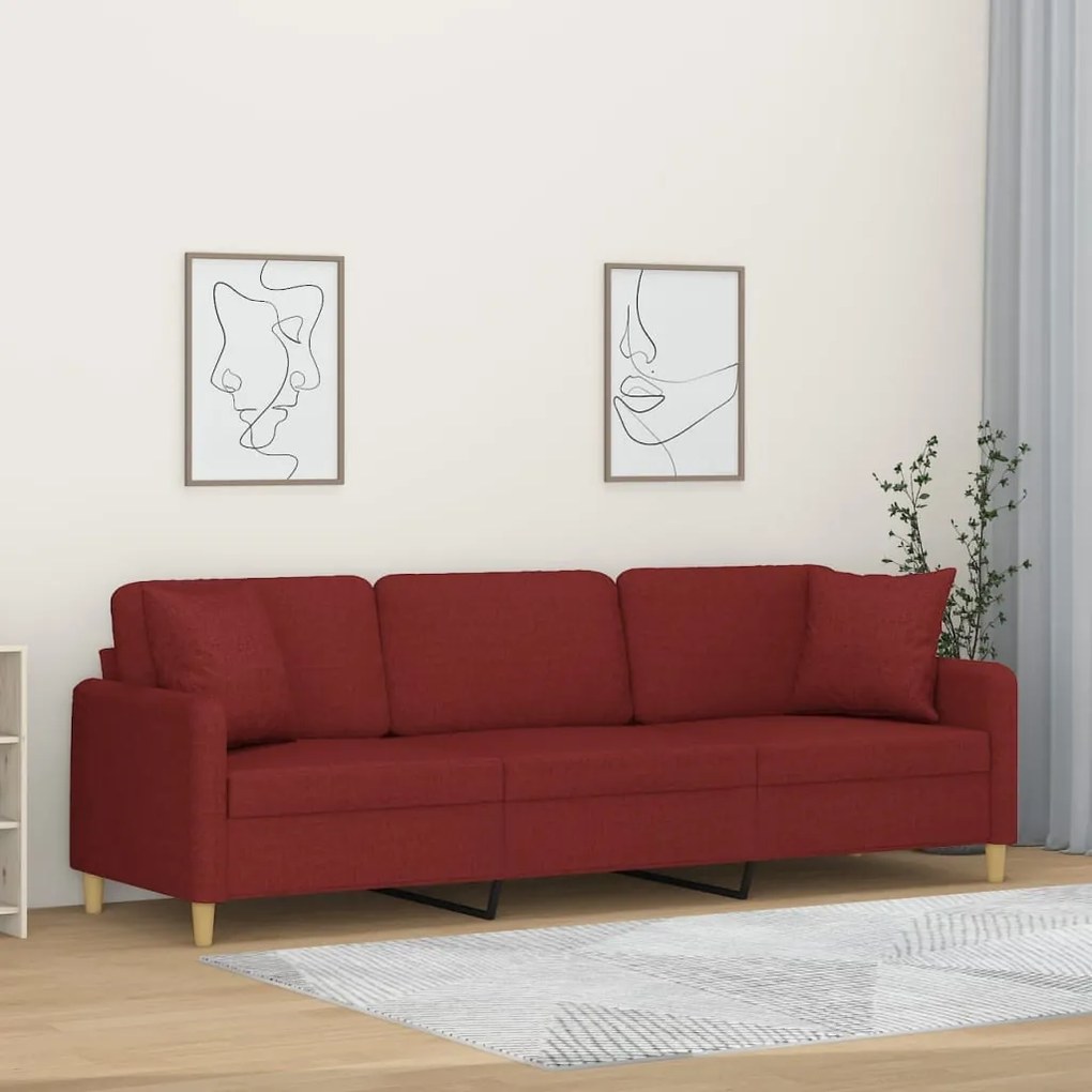 vidaXL Καναπές Τριθέσιος μπορντό 210 εκ. Υφασμάτινος με Μαξιλάρια
