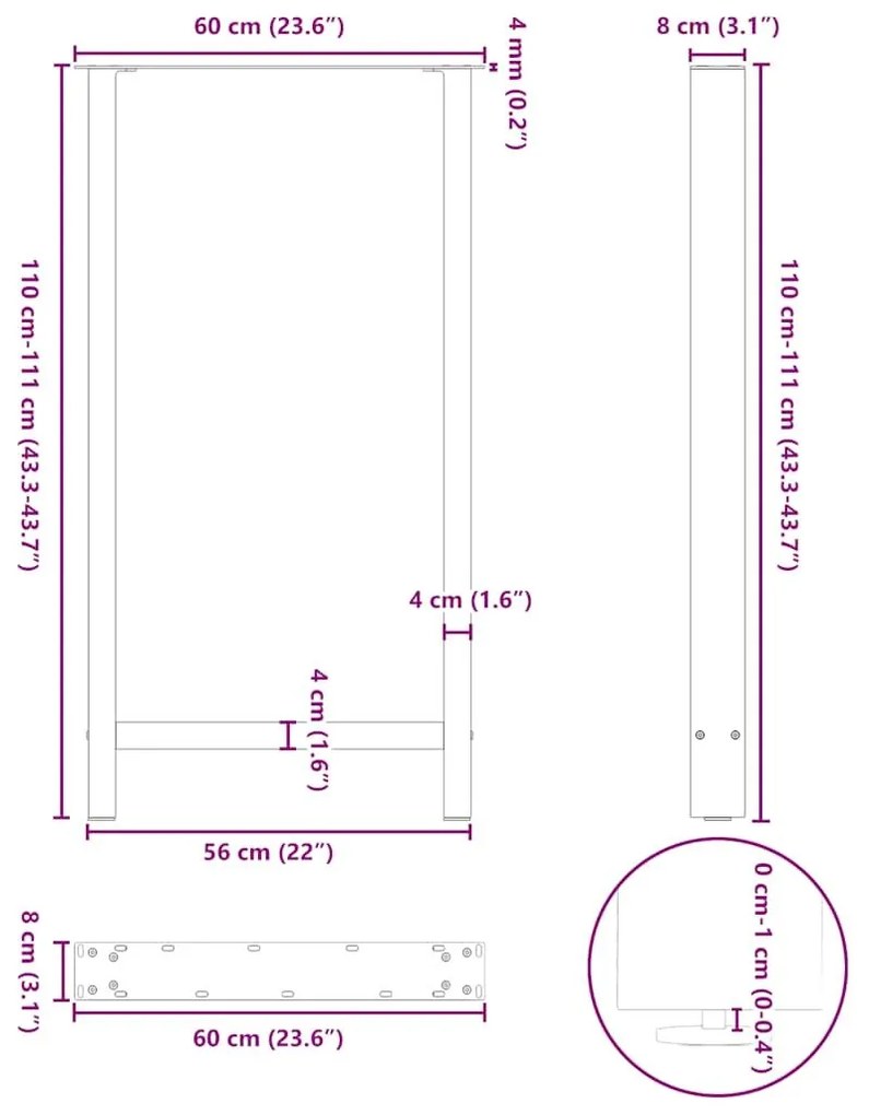 Πόδια τραπεζιού μπαρ Λευκό 2 τεμ. 60x(110-111) εκ. Ατσάλι - Μαύρο