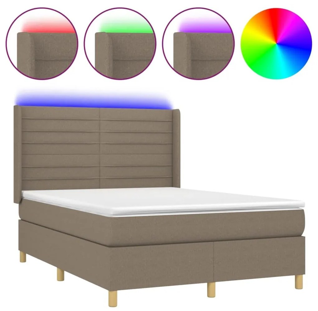 Κρεβάτι Boxspring με Στρώμα &amp; LED Taupe 140x200 εκ. Υφασμάτινο - Μπεζ-Γκρι