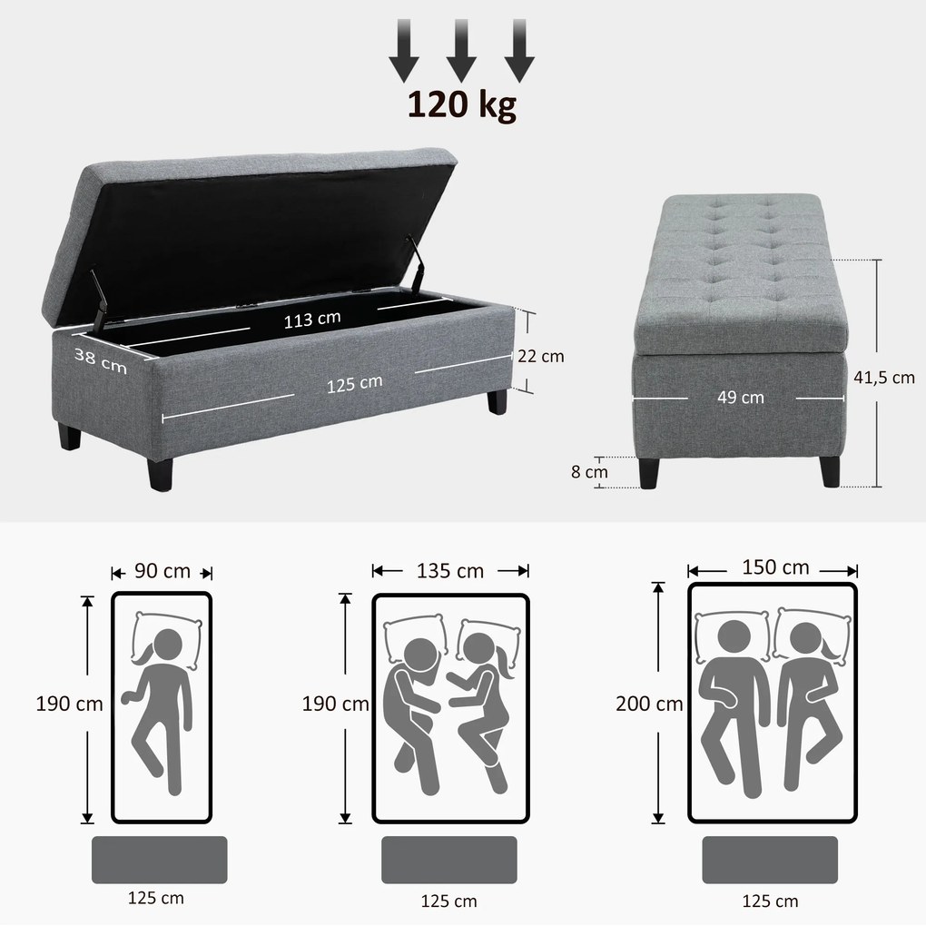 Πάγκος με Αποθηκευτικό Χώρο, Οθωμανικό, Πάγκος Εισόδου, Κουμπωτό, 125,1 cm x 48,9 cm x 41,3 cm, Γκρι