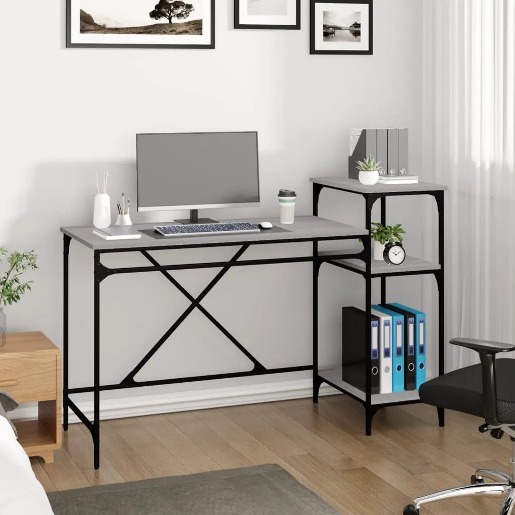 vidaXL Γραφείο με Ράφια Γκρι Sonoma 135x50x90 εκ. Επεξ. Ξύλο/Σίδηρος