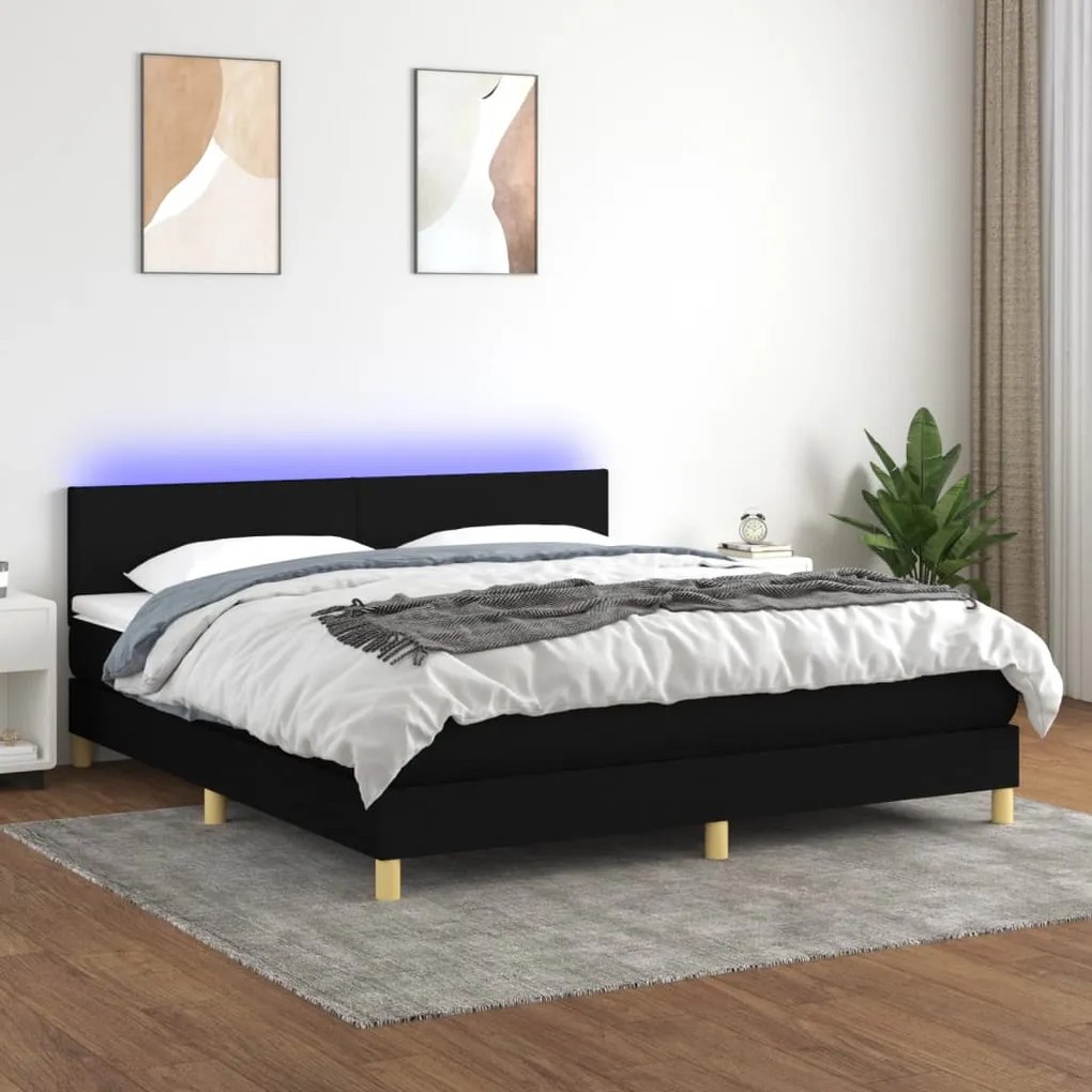 Κρεβάτι Boxspring με Στρώμα &amp; LED Μαύρο 180x200 εκ. Υφασμάτινο