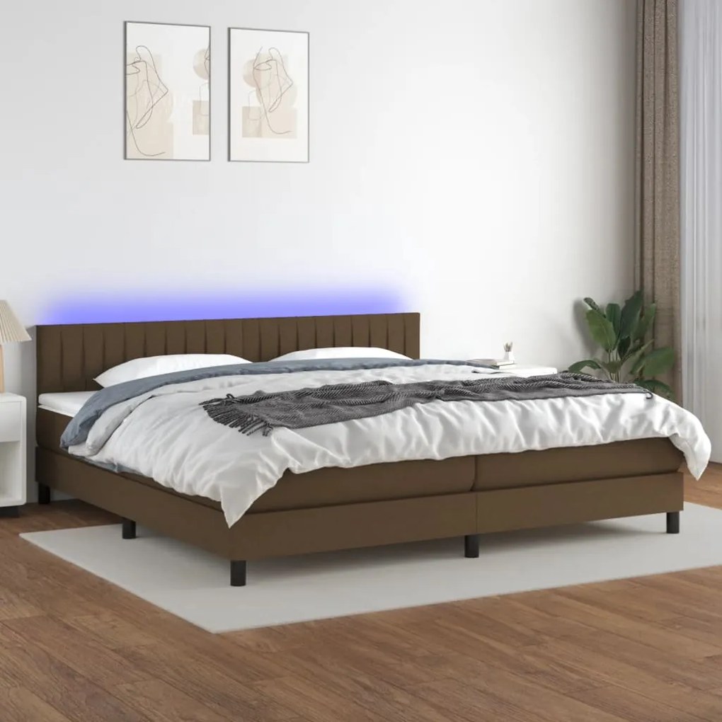 Κρεβάτι Boxspring με Στρώμα &amp; LED Σκ.Καφέ 200x200 εκ Υφασμάτινο - Καφέ