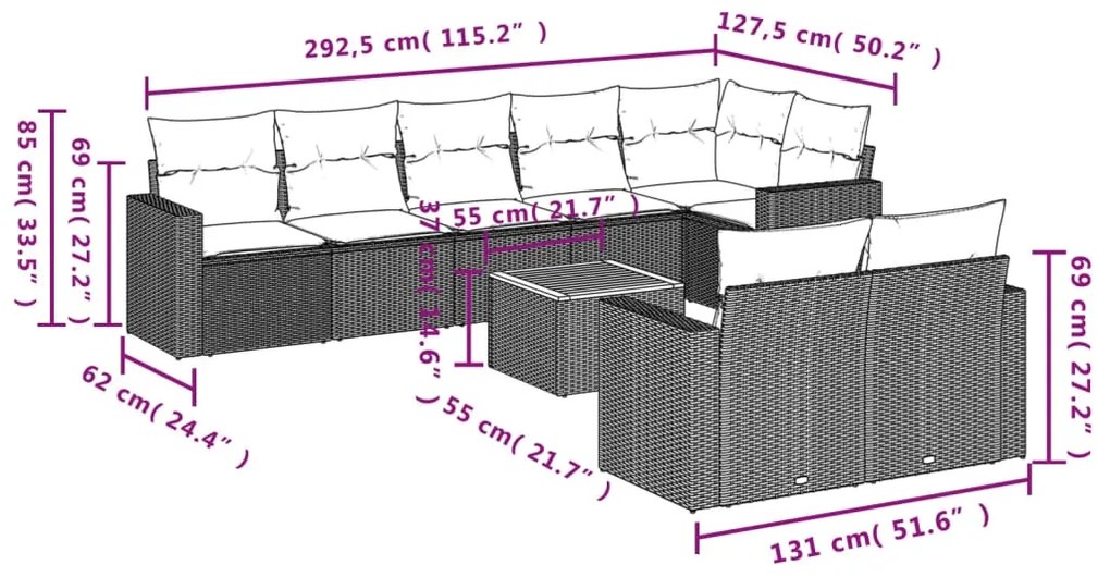 vidaXL Σαλόνι Κήπου Σετ 9 Τεμαχίων Μαύρο από Συνθ. Ρατάν με Μαξιλάρια