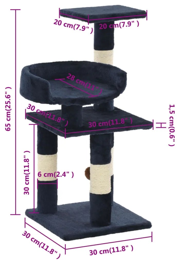 vidaXL Γατόδεντρο Μπλε 65 εκ. με Στύλους Ξυσίματος από Σιζάλ