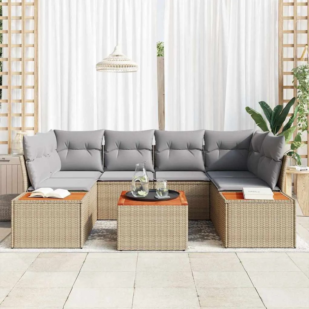 vidaXL Σετ Καναπέ Κήπου με μαξιλάρι 7 pcs Μπεζ Πολυ ράταν