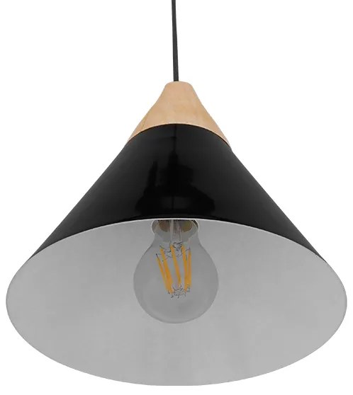 GloboStar SHADE 00906 Μοντέρνο Κρεμαστό Φωτιστικό Οροφής Μονόφωτο 1 x E27 Μαύρο Μεταλλικό με Ξύλο Καμπάνα Φ23 x Υ22cm - 00906