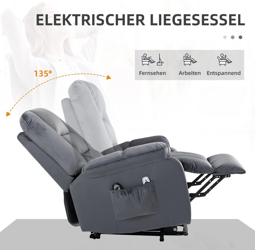 HOMCOM Πολυθρόνα μασάζ με υποβοήθηση ανύψωσης για ηλικιωμένους, 8 σημεία μασάζ, 2 πλαϊνές τσέπες, 85 cm x 94 cm x 107cm, γκρι