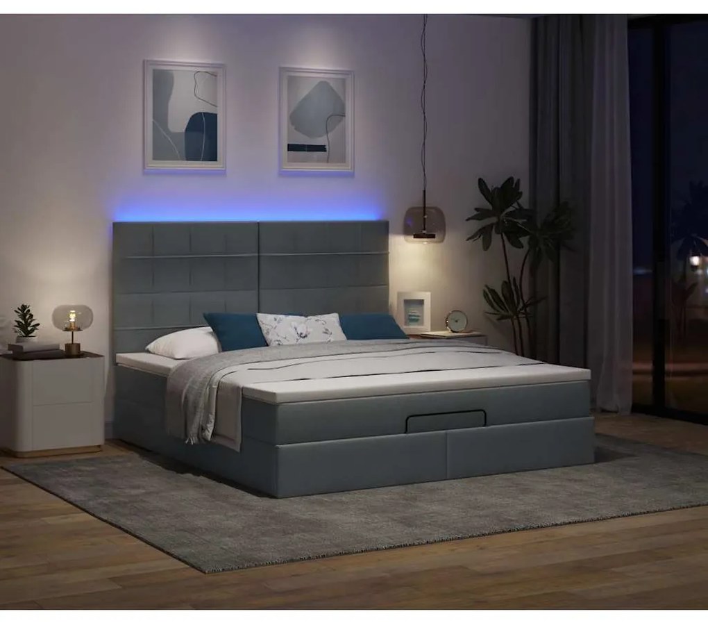 Οθωμανικό κρεβάτι με στρώμα & LEDs Σκούρο γκρι 180x200cm ύφασμα