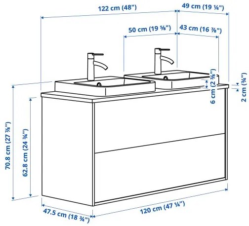 ANGSJON/BACKSJON βάση νιπτήρα με συρτάρια/νιπτήρα/μπαταρίες, 122x49x71 cm 395.216.31